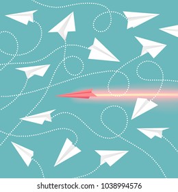 Paper aircrafts collection, aircrafts made of sheet of paper, handmade airplanes with lines as trajectories, vector illustration isolated on blue