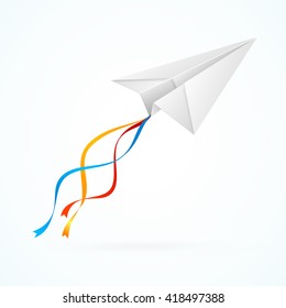 Paper Airplain White with Ribbons. Vector illustration