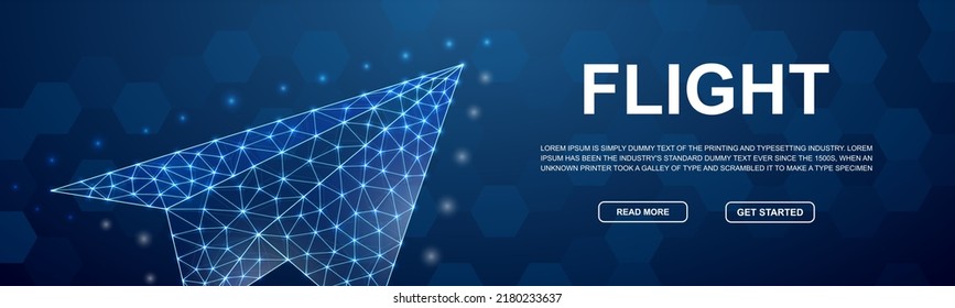 Paper airplane 3d low poly symbol for head promotion banner. Travel design illustration concept. Horizontal polygonal Tourism poster illustration