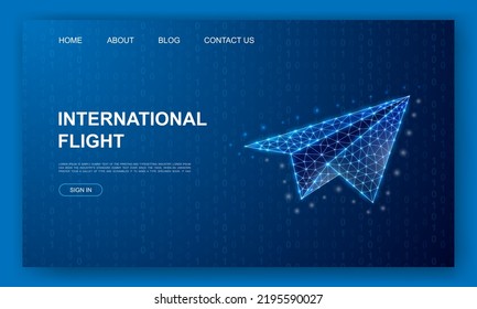 Plantilla de sitio web poligonal 3d del avión de papel. Concepto de ilustración de diseño de viajes. Bajo símbolo de libertad de polos para la página de inicio, diseño de banners de promoción.