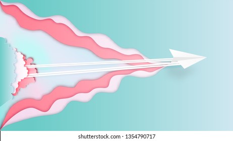 Paper airplane aerial view in the clouds layer on pastel beautiful background as  paper art and craft style concept. vector illustration