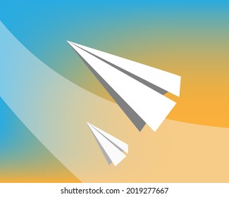 Paper airplane against the sunset sky.  Business competition, leadership, ideas creativity, innovative and leadership concept. Vector illustration.
