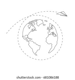 Paper airplane around the globe. America, Europe, Atlantic Ocean, Africa. Dotted line. Contour continents. Vector illustration. White background. Eps10.