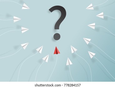 Paper airplane around question mark.Paper art style of business teamwork and resolution creative concept idea.Vector illustration