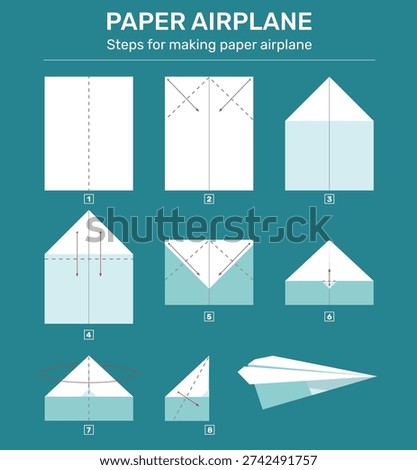 Paper airplane assembly scheme. Plane origami tutorial instructions, dotted lines of folds, step by step process flying handmade toy, simple aircraft qualitative vector flat style isolated concept