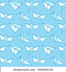 Paper airplane, boat, crane. Origami. Vector seamless pattern on a light blue background for wallpaper, fabric, textile.