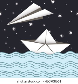 paper airplane and boat at night card