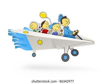 Papierflugzeug mit Kindern, Origami, Vektorgrafik einzeln auf weißem Hintergrund