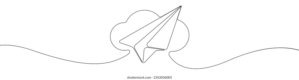 Papierflugzeug in der Cloud-Linie kontinuierlicher Zeichenkettenvektor. Eine Linie Ebene, Vektorhintergrund. Cloud-Symbol. Durchlaufende Umrisse eines Flugzeugs durch die Wolke.