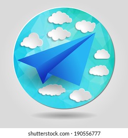 Paper airplane with clouds on the abstract triangular background