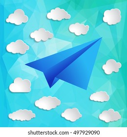 Paper airplane with clouds on the abstract triangular background