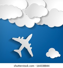 paper airplane with paper clouds on a blue air background