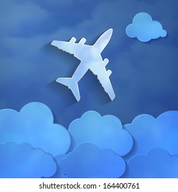 paper airplane with paper clouds on a blue air background