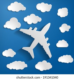 paper airplane with paper clouds on a blue air background