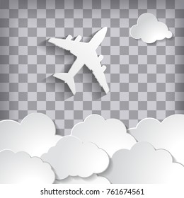 paper airplane with paper clouds on a chequered background