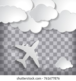 paper airplane with paper clouds on a chequered background