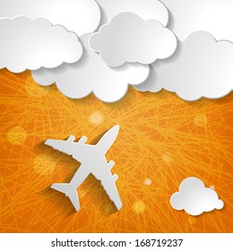 paper airplane with paper clouds on an orange striped background
