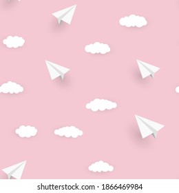 Paper Airplane and Clouds Seamless Pattern Background Vector Illustration EPS10