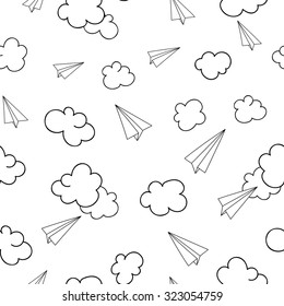 Paper airplane and clouds seamless pattern. Black and white hand-drawn background.
