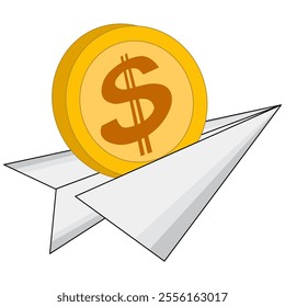 The paper airplane and coins. cartoon cute. business finance investment.  illustration