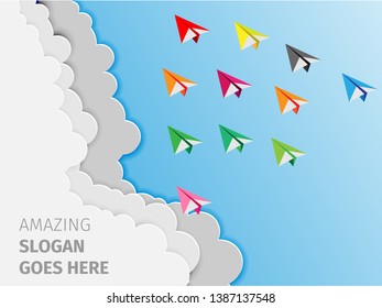 Paper airplane colorful fly up to the sky between cloud natural landscape go to target. startup. leadership. concept of business success. creative idea. illustration vector cartoon