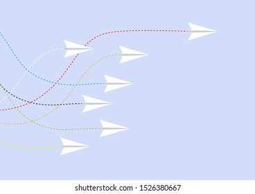 Paper airplane competition with one airplane ahead, business competition leadership ambitious successful goal concept vector illustration