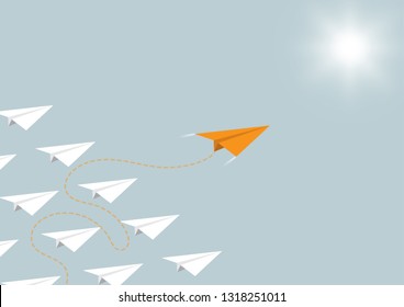 Paper airplane competition with orange airplane ahead, business competition leadership ambitious successful goal concept vector illustration