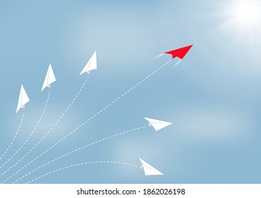 Paper airplane competition with red airplane ahead, business competition leadership ambitious successful goal concept vector illustration