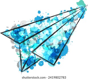 Paper airplane. Concept of send message, dream, freedom or business planing. Vector illustration with blue colorful paint splashes.