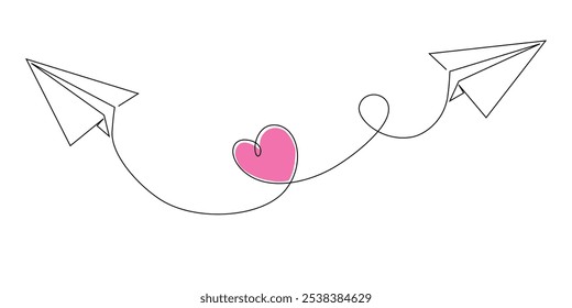 Paper airplane continuous one line drawing. Single line art paper airplane with heart sign vector illustration. Free vector