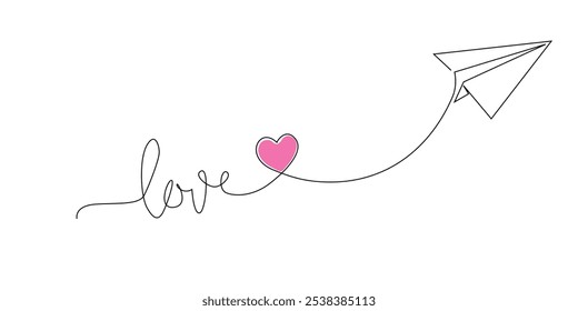 Paper airplane continuous one line drawing. Single line art paper airplane with heart sign vector illustration. Free vector