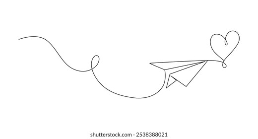 Paper airplane continuous one line drawing. Single line art paper airplane with heart sign vector illustration. Free vector eps 10	