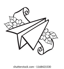 Paper airplane contour illustration for coloring. Template for tattoo.