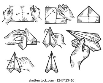 Paper airplane creation instructions engraving vector illustration. Scratch board style imitation. Black and white hand drawn image.