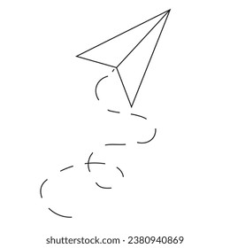 Paper airplane dotted line isolated transparent background. Children's Simple black line plane on white. Line art jet. Vector illustration can be used t-shirt print, notebook and web pages symbol.