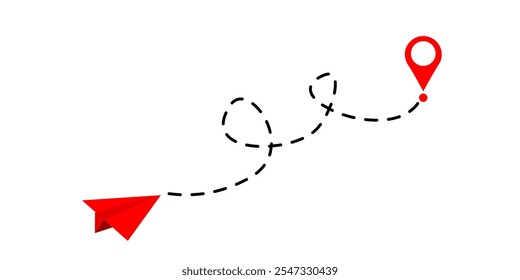 Avião de papel com linha pontilhada e ícone de localização vetor.Rota de voo com ponto inicial e traço de linha traço para plano. Símbolo de viagem. ilustração vetorial.