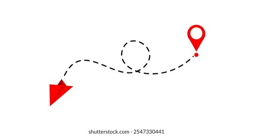 Avião de papel com linha pontilhada e ícone de localização vetor.Rota de voo com ponto inicial e traço de linha traço para plano. Símbolo de viagem. ilustração vetorial.