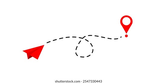 Avião de papel com linha pontilhada e ícone de localização vetor.Rota de voo com ponto inicial e traço de linha traço para plano. Símbolo de viagem. ilustração vetorial.