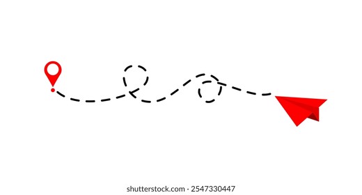 Avião de papel com linha pontilhada e ícone de localização vetor.Rota de voo com ponto inicial e traço de linha traço para plano. Símbolo de viagem. ilustração vetorial.