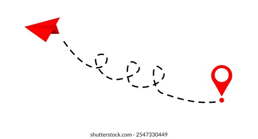 Avião de papel com linha pontilhada e ícone de localização vetor.Rota de voo com ponto inicial e traço de linha traço para plano. Símbolo de viagem. ilustração vetorial.