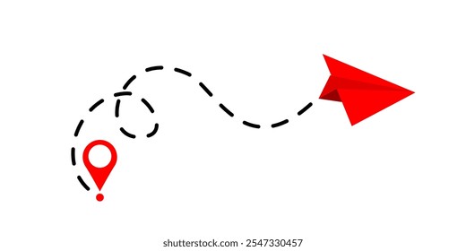 Avião de papel com linha pontilhada e ícone de localização vetor.Rota de voo com ponto inicial e traço de linha traço para plano. Símbolo de viagem. ilustração vetorial.