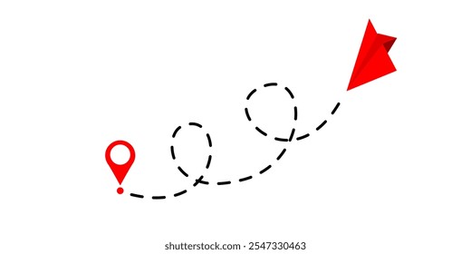 Avião de papel com linha pontilhada e ícone de localização vetor.Rota de voo com ponto inicial e traço de linha traço para plano. Símbolo de viagem. ilustração vetorial.