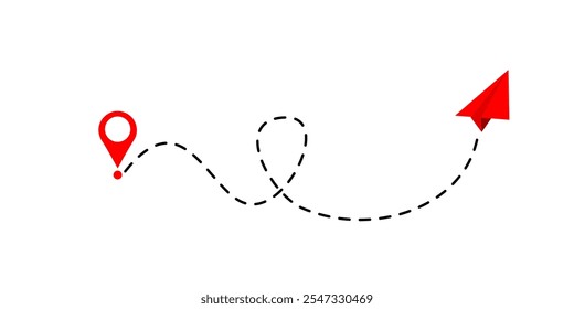 Avião de papel com linha pontilhada e ícone de localização vetor.Rota de voo com ponto inicial e traço de linha traço para plano. Símbolo de viagem. ilustração vetorial.