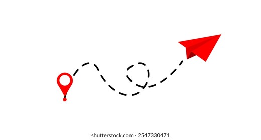 Avião de papel com linha pontilhada e ícone de localização vetor.Rota de voo com ponto inicial e traço de linha traço para plano. Símbolo de viagem. ilustração vetorial.