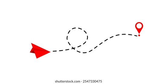 Avião de papel com linha pontilhada e ícone de localização vetor.Rota de voo com ponto inicial e traço de linha traço para plano. Símbolo de viagem. ilustração vetorial.