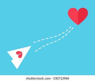 Paper airplane with dotted line and red heart. Flat style. 