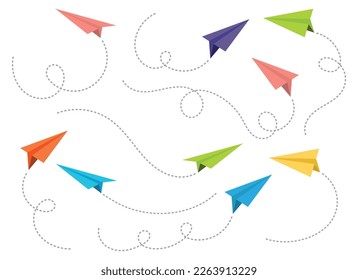 Paper airplane with dotted path vector set