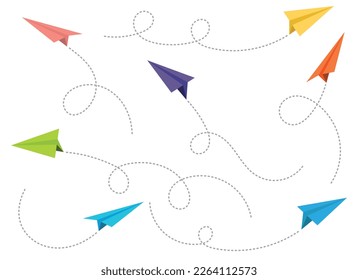 Paper airplane with dotted path vector set