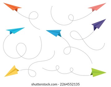 Paper airplane with dotted path vector set