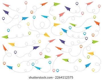 Paper airplane with dotted trace and map pointer pin